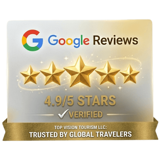 Top Vision Tourism LLC Google Reviews badge showing a 4.9/5 star rating and verified status for UAE travel and visa services.