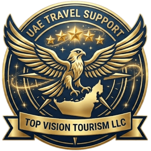 Official UAE Travel Support emblem for Top Vision Tourism LLC featuring a golden falcon, the UAE map, and five stars representing premium service.