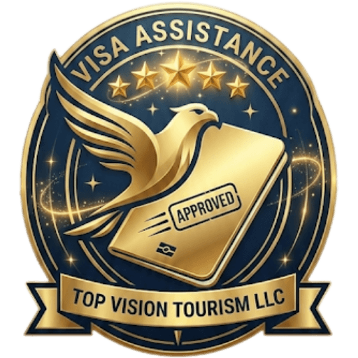 Premium Visa Assistance badge for Top Vision Tourism LLC featuring a golden falcon, a verified "Approved" passport, and five stars for expert UAE visa services.