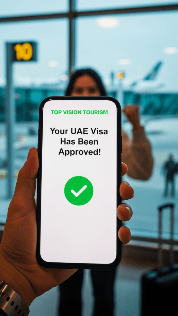 A traveler at a UAE airport terminal holding a smartphone that displays a successful UAE visa approval notification from Top Vision Tourism LLC.